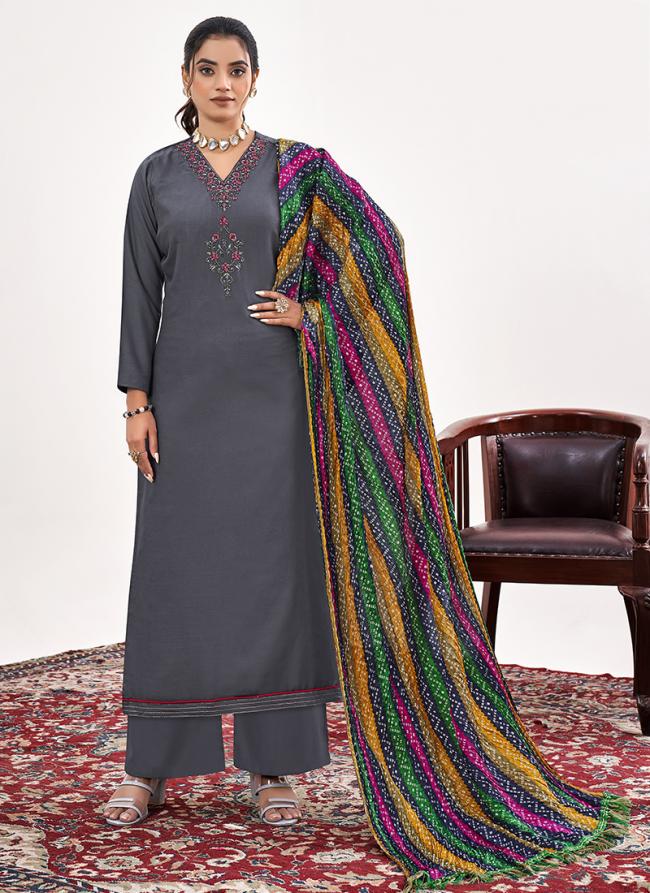 Rayon Grey Casual Wear Embroidery Work Palazzo Suit